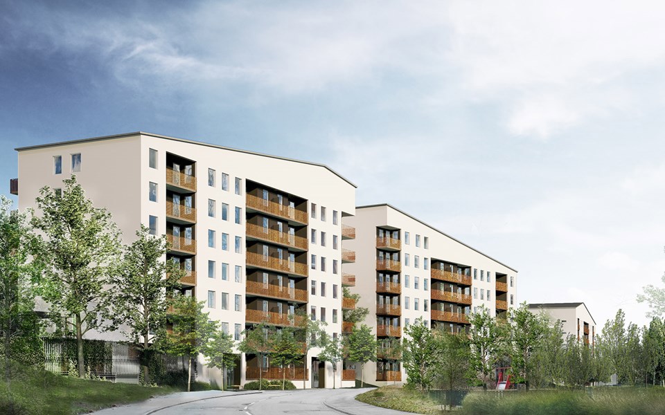 Vy mot flerbostadshus med inbyggda balkonger, illustration.